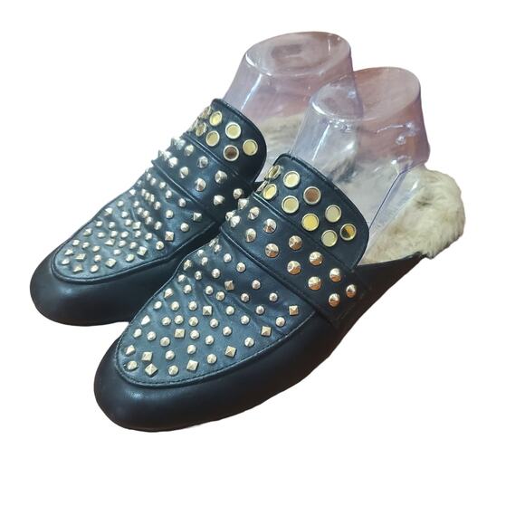 Steve Madden Jordan Studded Black Fur Lined Mule Flats Women's Size 8 Leather - Picture 1 of 16